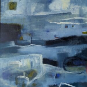 A painting by Kymme Fraser, Scottish contemporary artist, inspired by the harbours of the east coast of Scotland