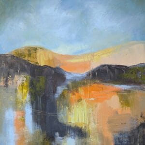 A painting entitled Younger Than the Mountains by Kymme Fraser, contemporary artist, inspired by the Scottish mountainside in later light of day.