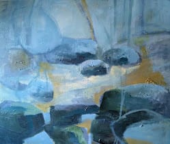 A painting by Kymme Fraser, Scottish contemporary artist, inspired by the rock formations seen beside riverbeds and beaches along the coast of Scotland